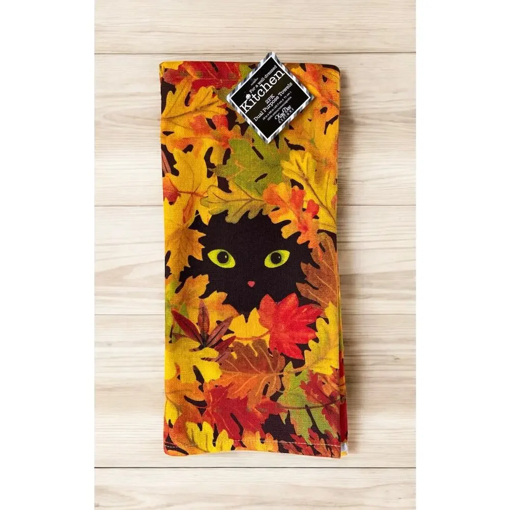 NEW Black Cat Autumn Green & Orange Fall Leaves Cats Kitten Kitchen 2 Towel Set